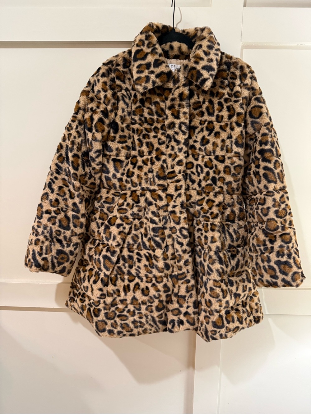TCEC Leopard Print Faux Fur Pea Coat in Brown and Black
